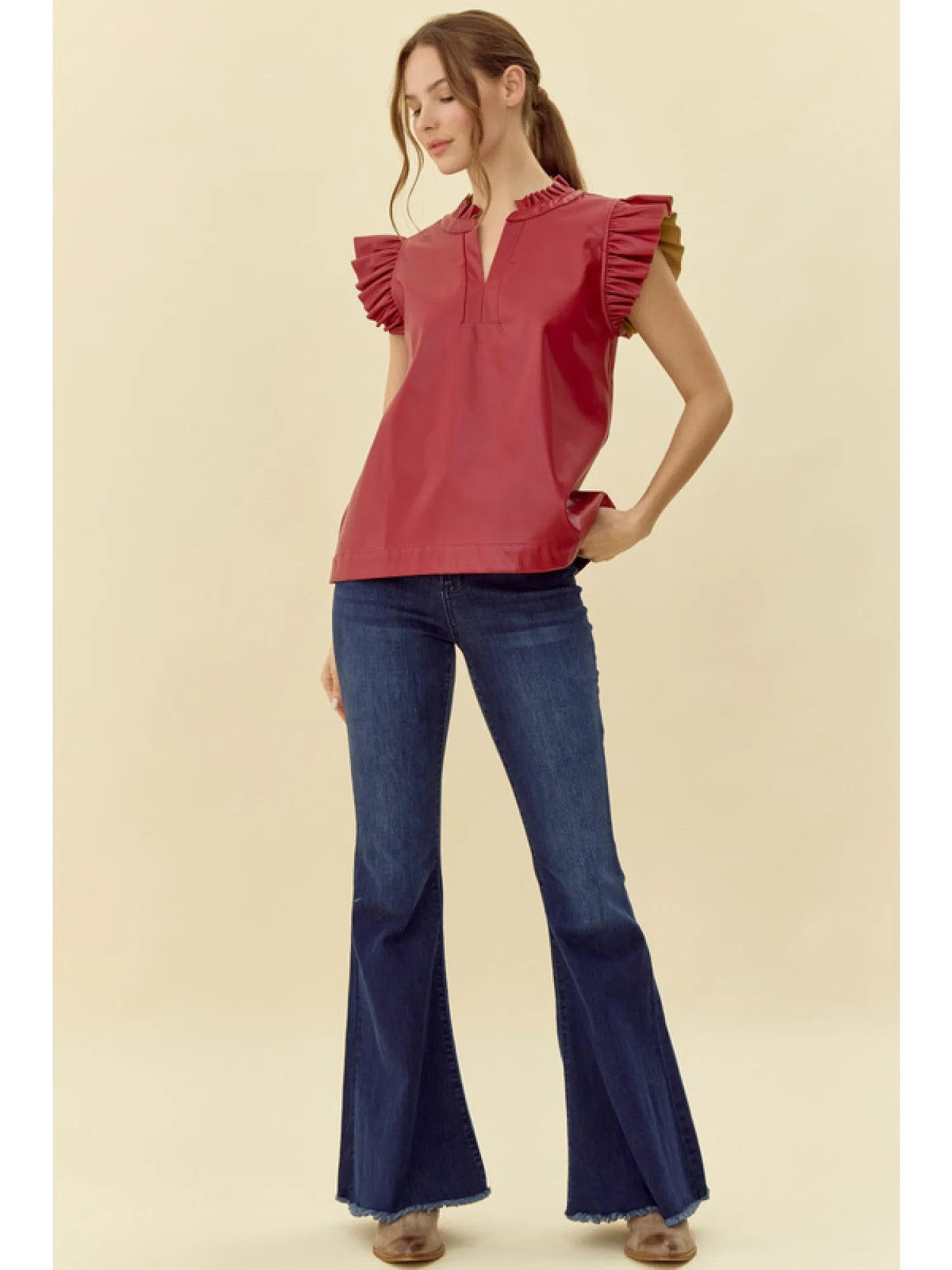 Bretton Vegan Leather V-Neck Top With Shoulder & Collar Ruffle