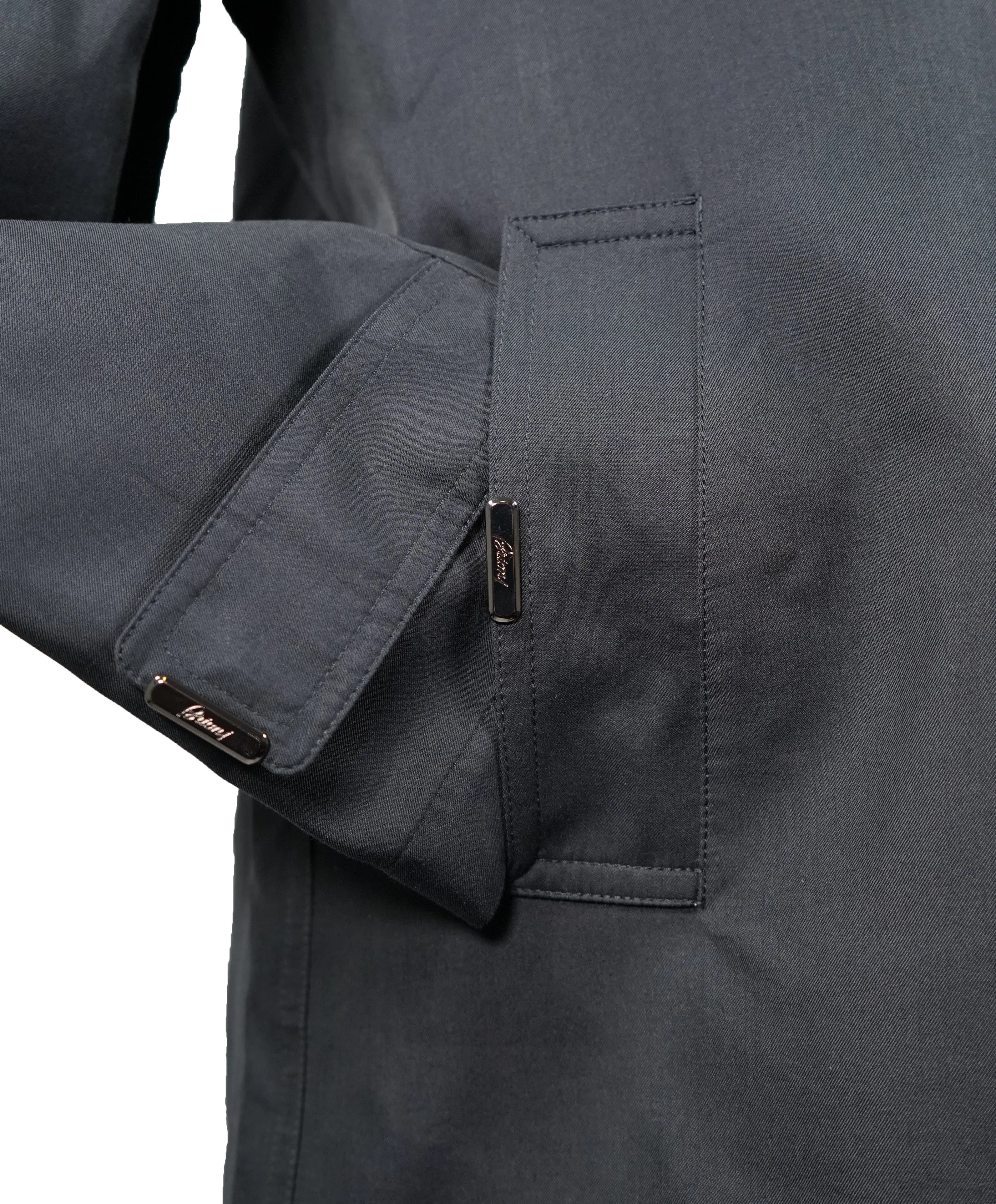 BRIONI - Silk Blend Long Top Coat With Leather Details & Logos - M