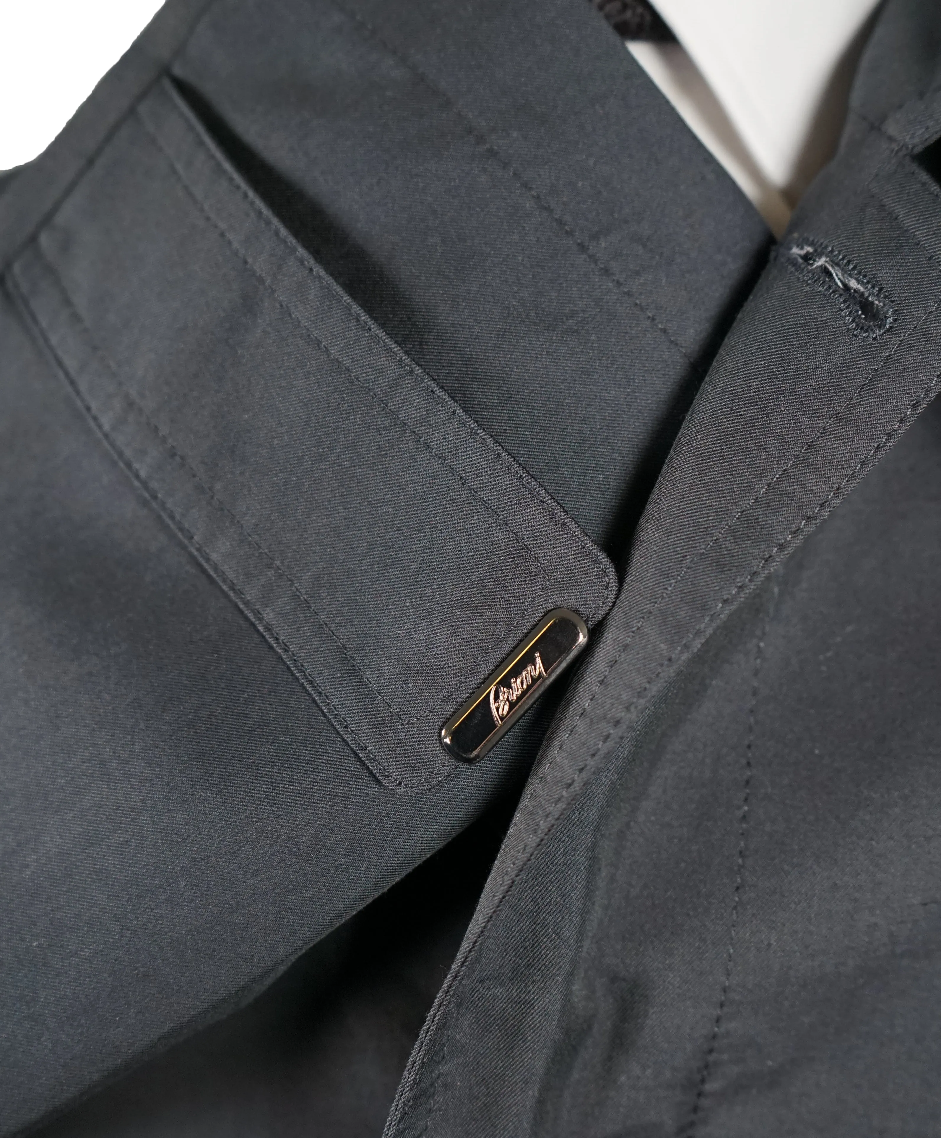 BRIONI - Silk Blend Long Top Coat With Leather Details & Logos - M