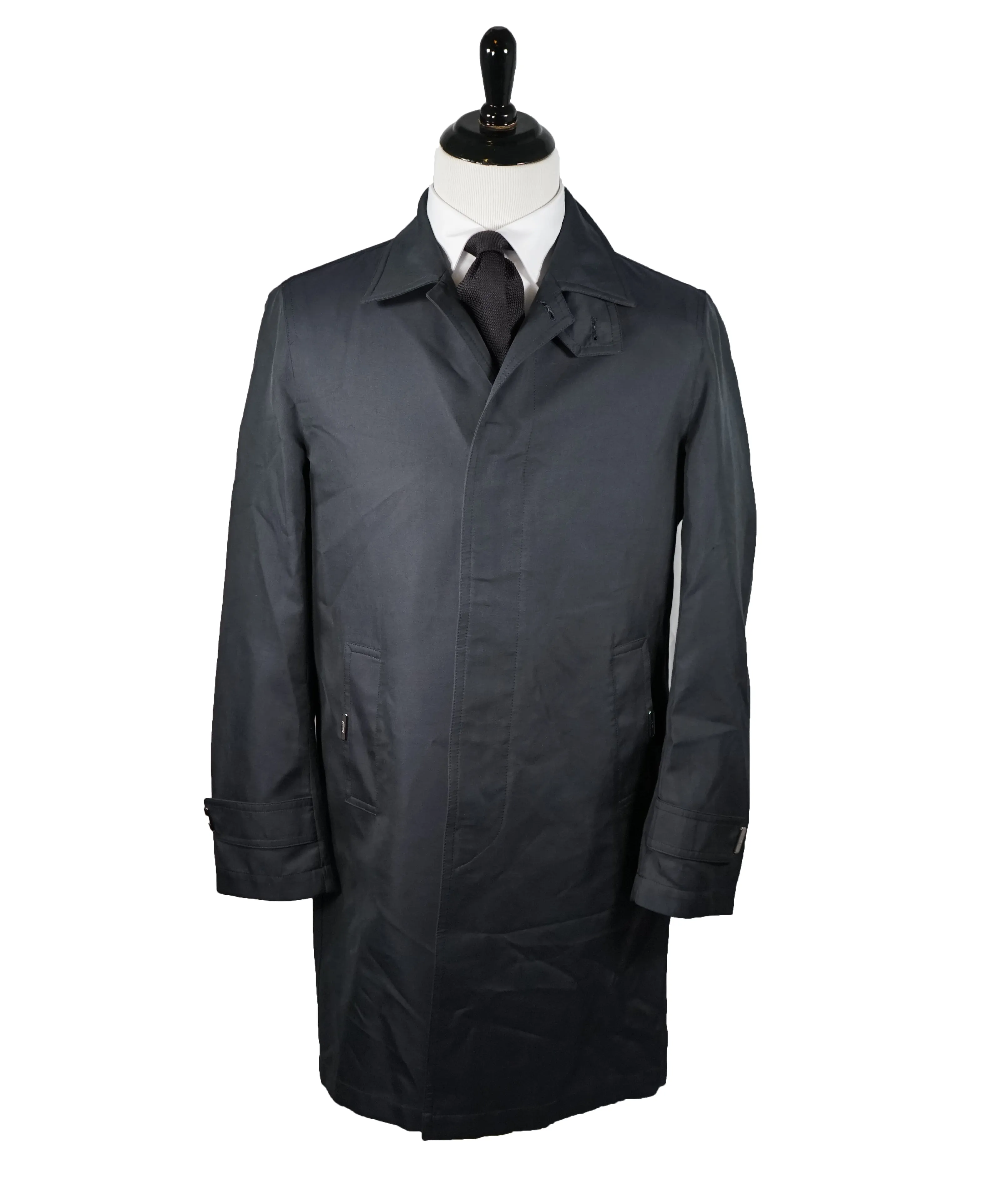 BRIONI - Silk Blend Long Top Coat With Leather Details & Logos - M