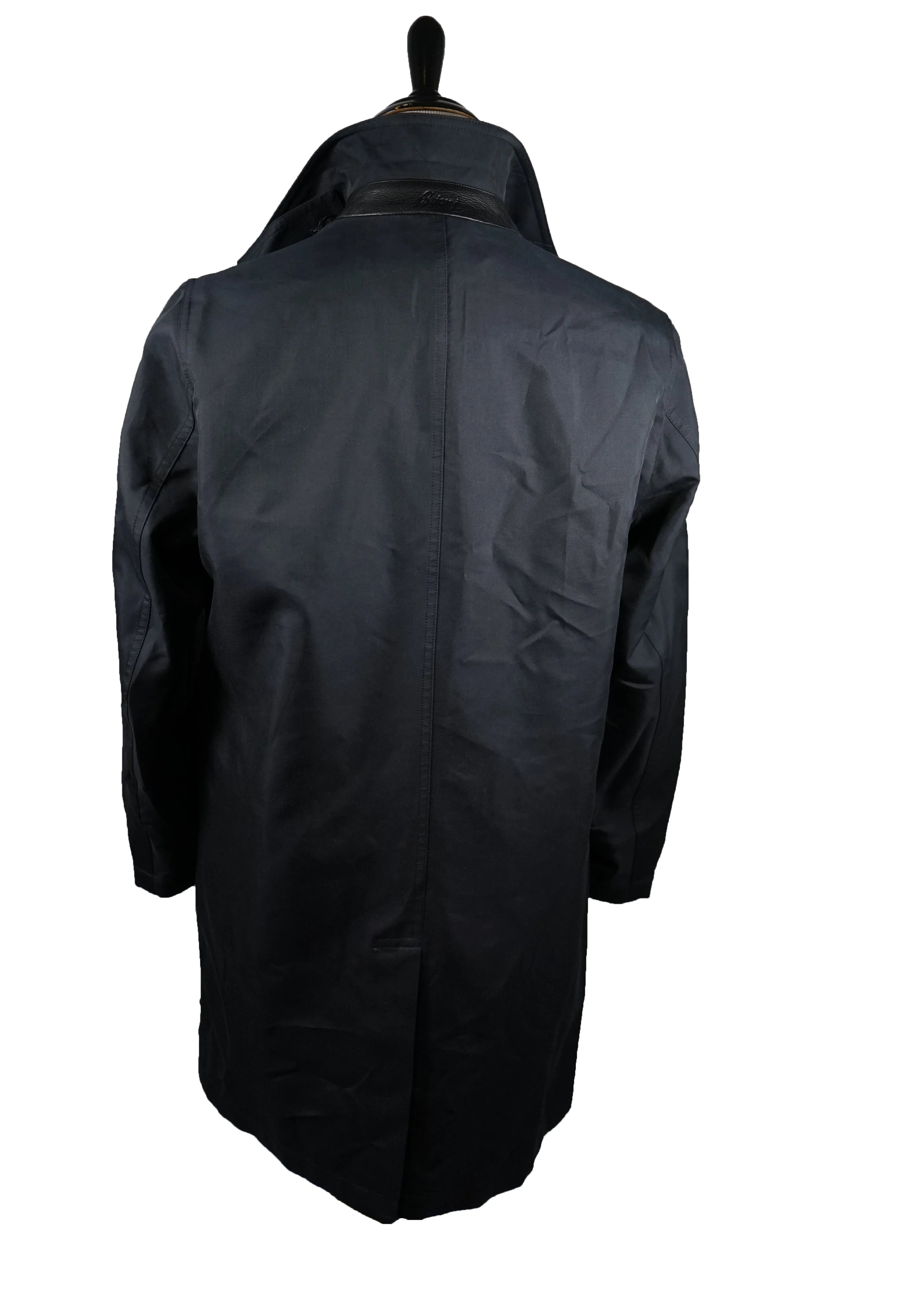 BRIONI - Silk Blend Long Top Coat With Leather Details & Logos - M