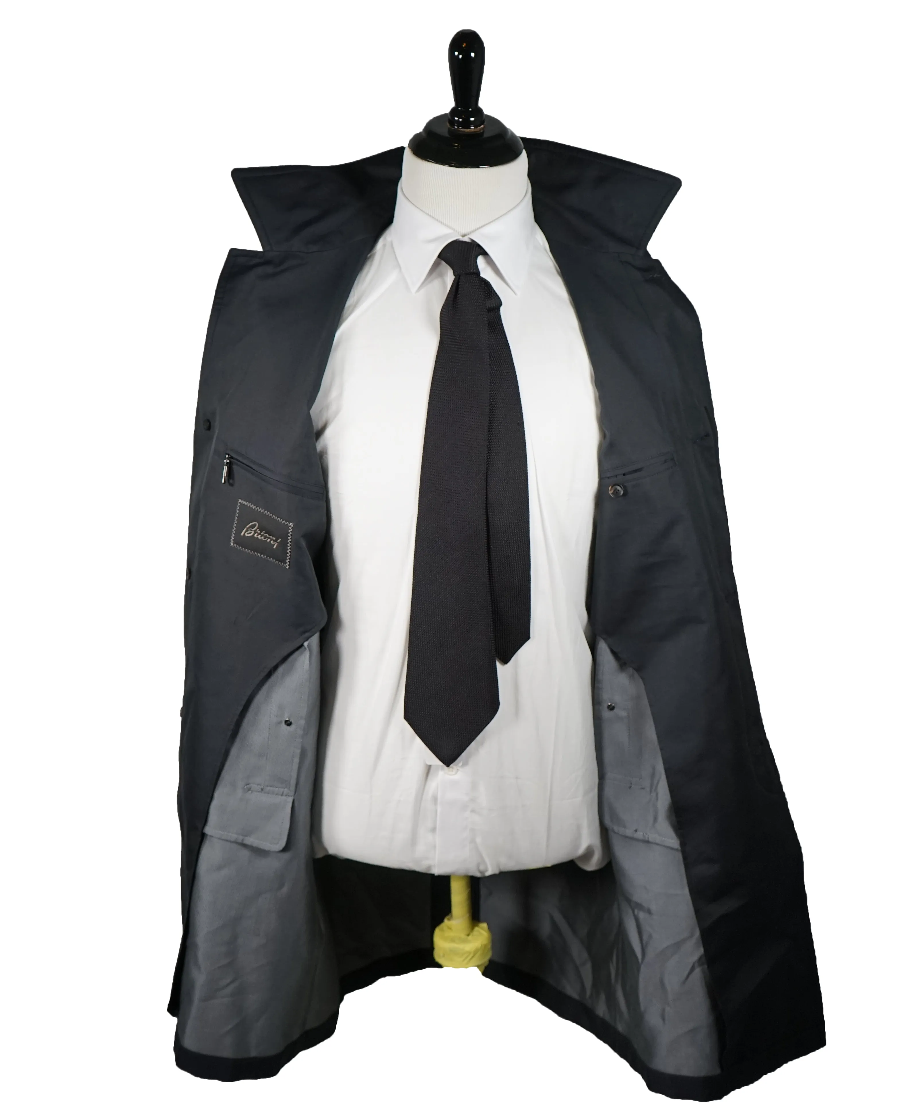 BRIONI - Silk Blend Long Top Coat With Leather Details & Logos - M