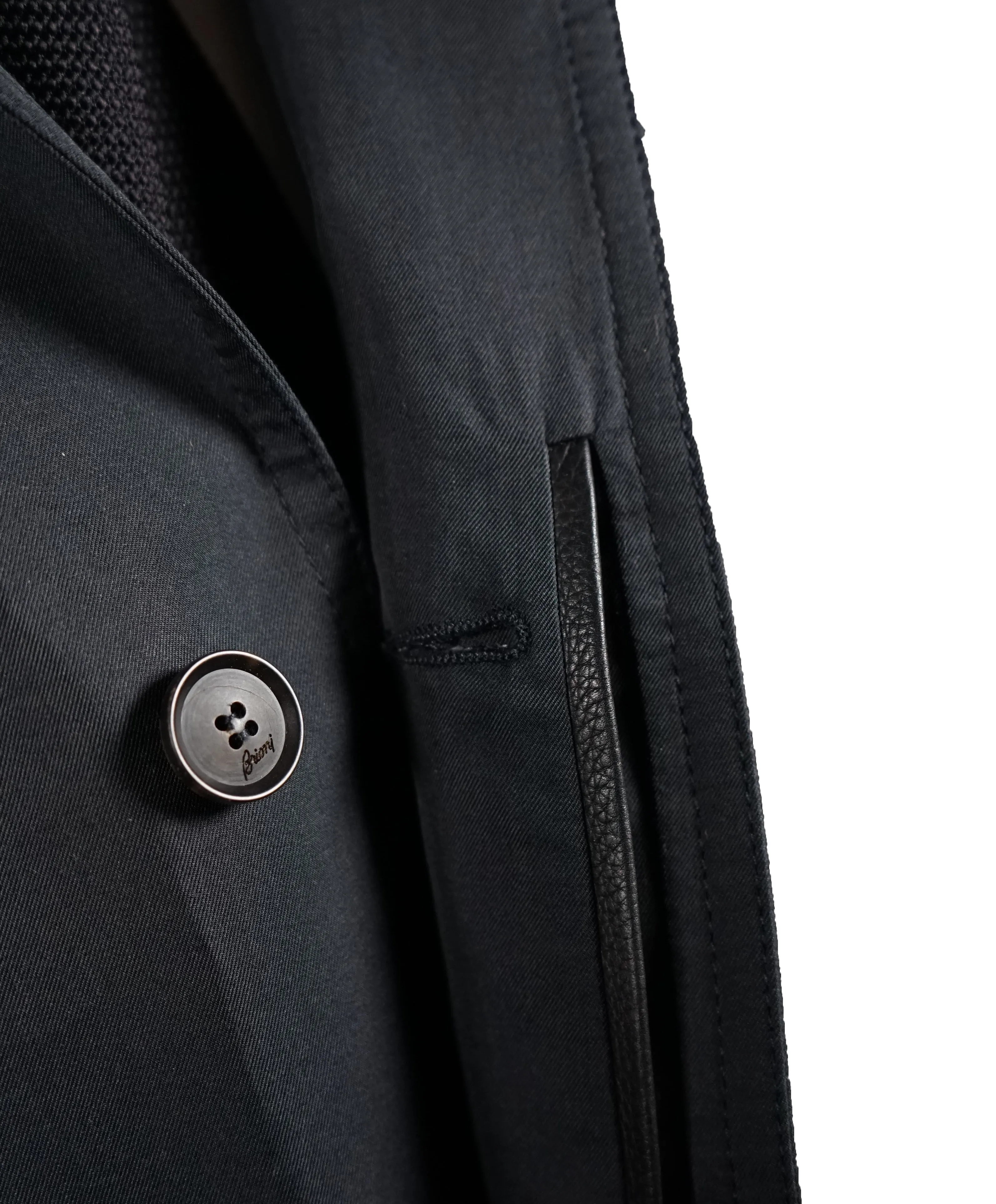 BRIONI - Silk Blend Long Top Coat With Leather Details & Logos - M