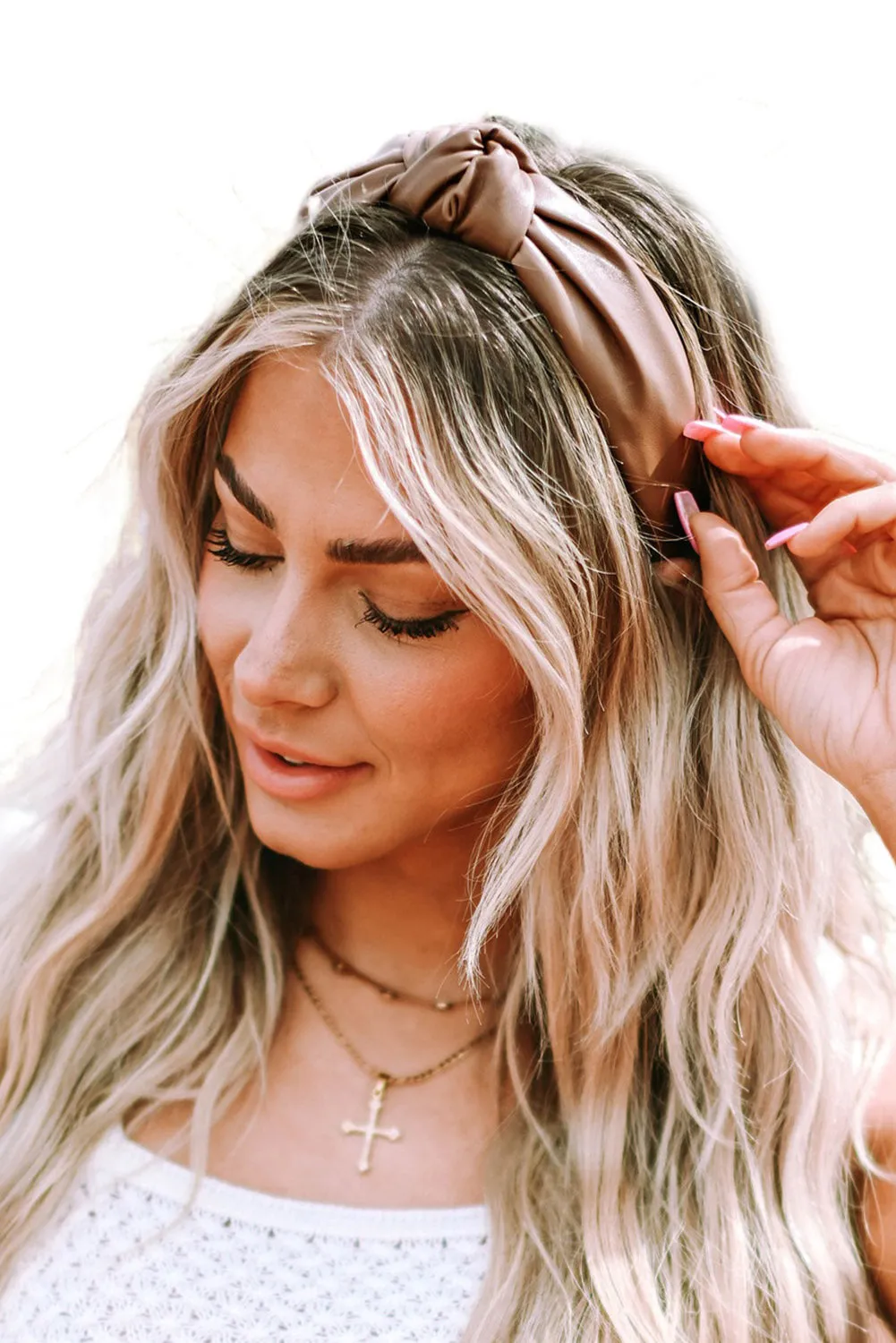 Brown Solid PU Leather Knotted Hair Band