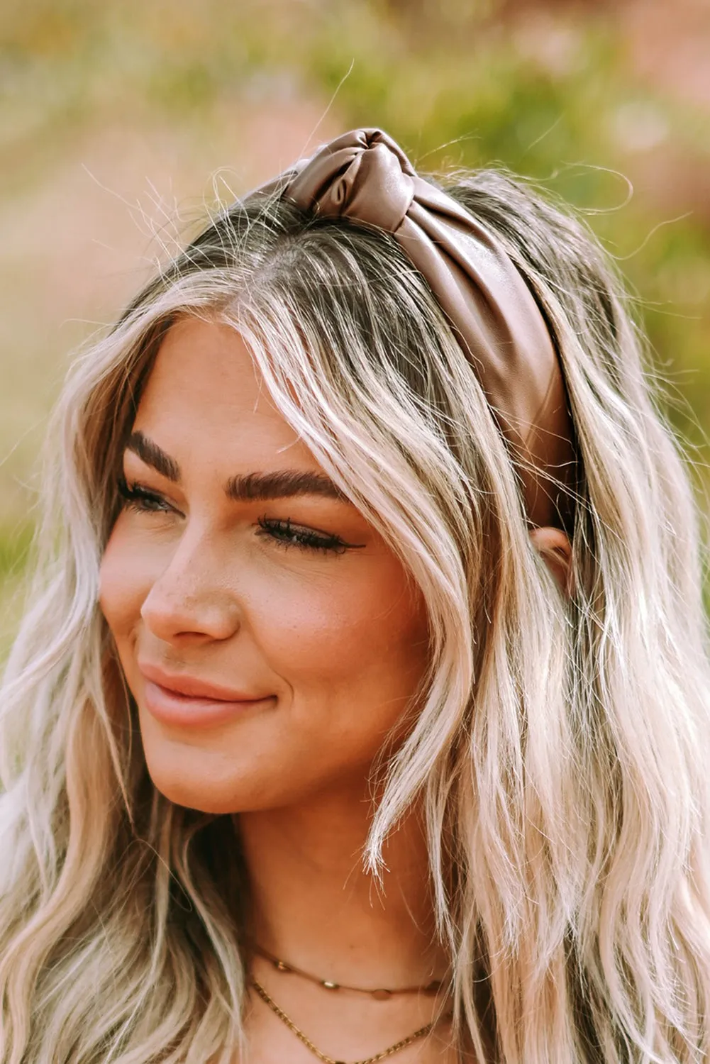 Brown Solid PU Leather Knotted Hair Band