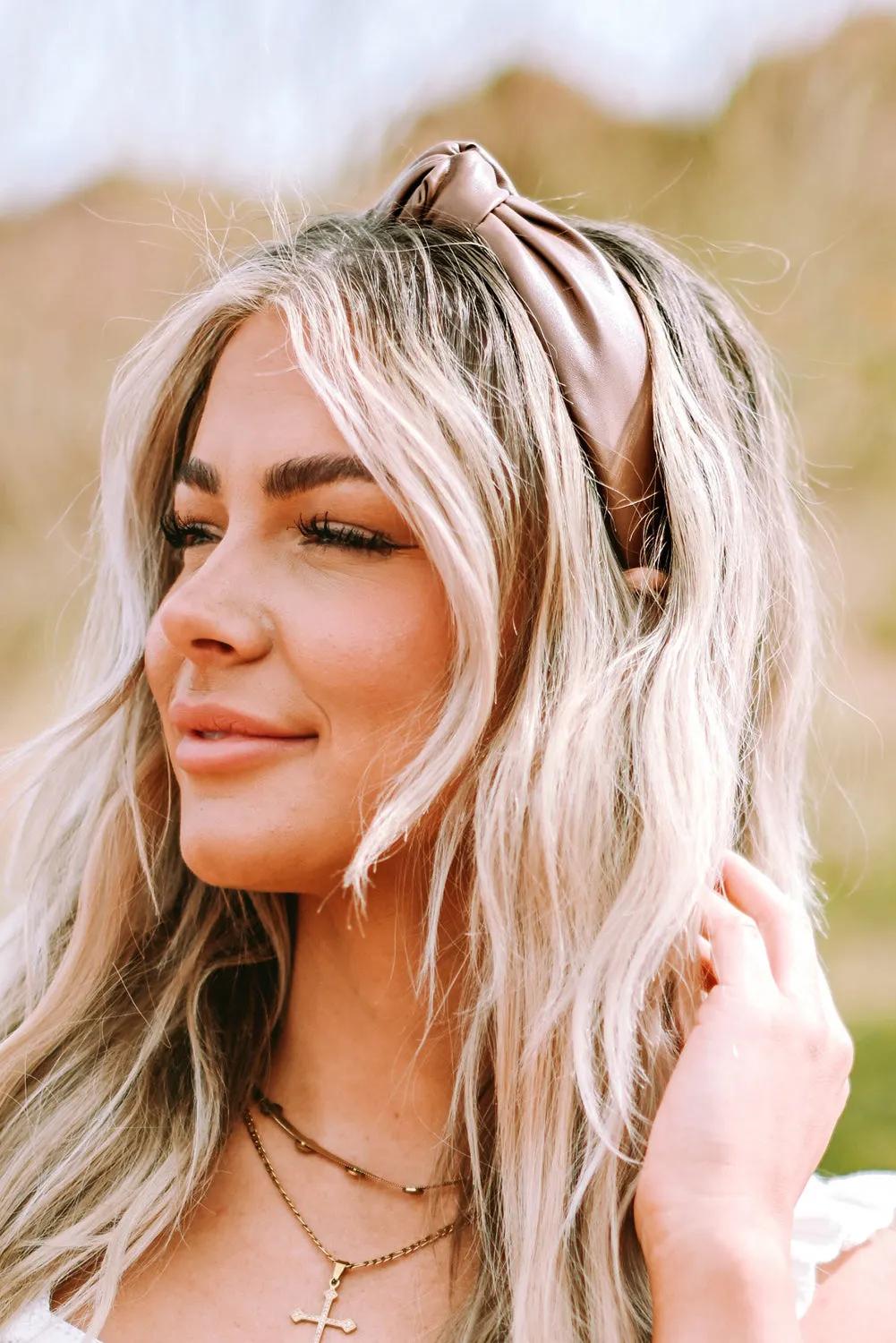 Brown Solid PU Leather Knotted Hair Band