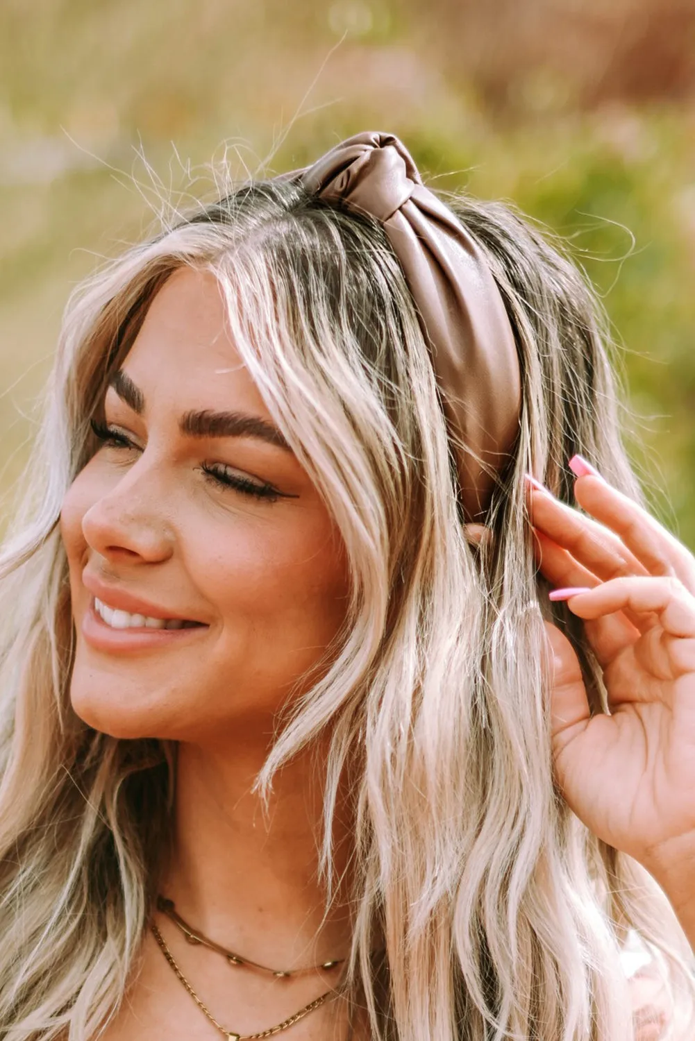 Brown Solid PU Leather Knotted Hair Band