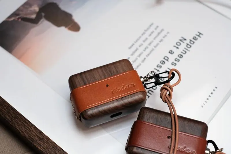 Brown Wood Leather AirPods Pro Case with Clip Strap Brown Leather Pro AirPods Case Airpod Case Cover