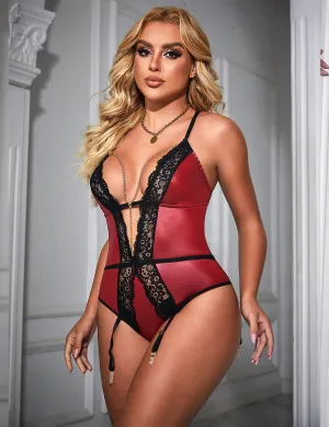 Burgundy Faux Leather Egypt Deep V Neck Halter Sexy Teddy