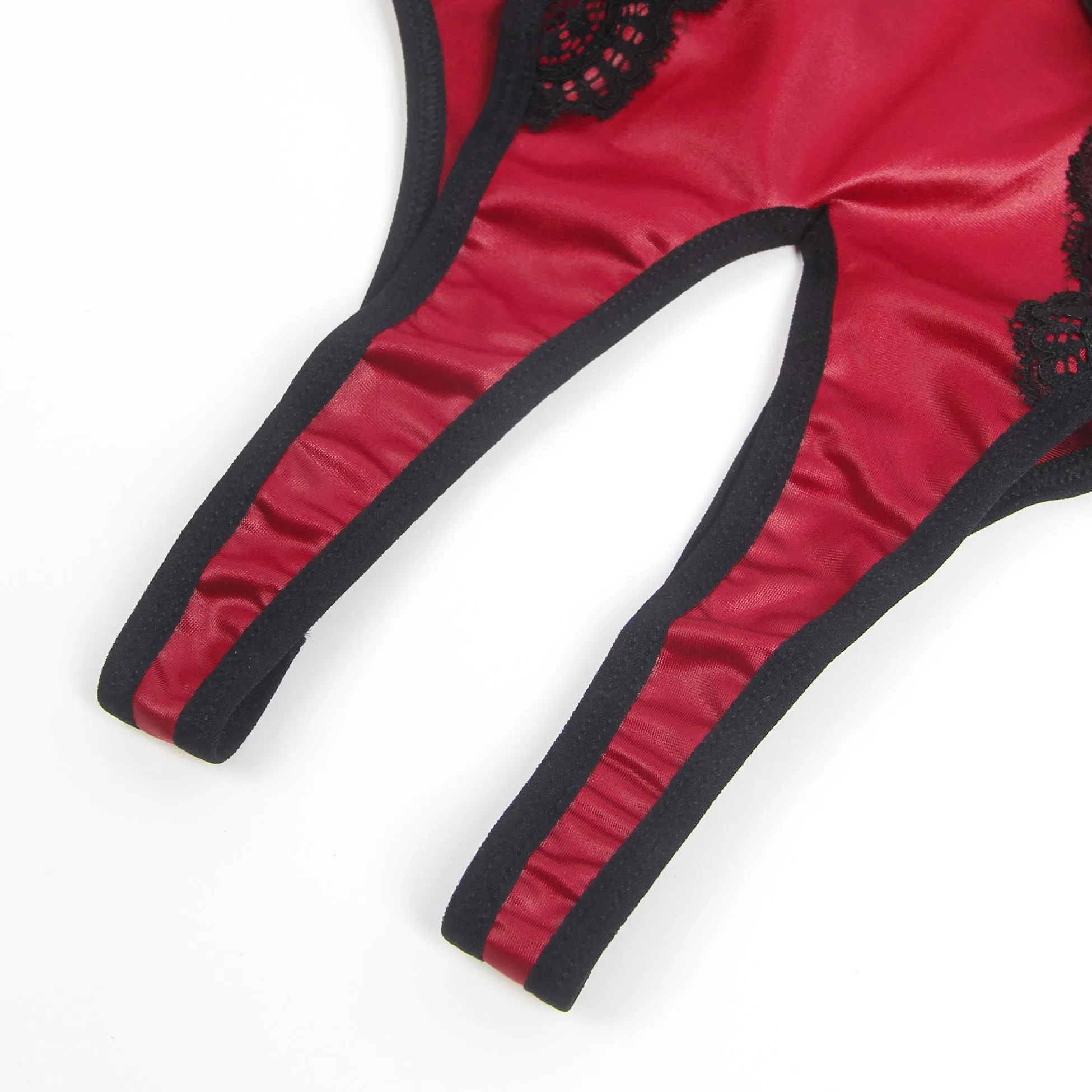 Burgundy Faux Leather Egypt Deep V Neck Halter Sexy Teddy