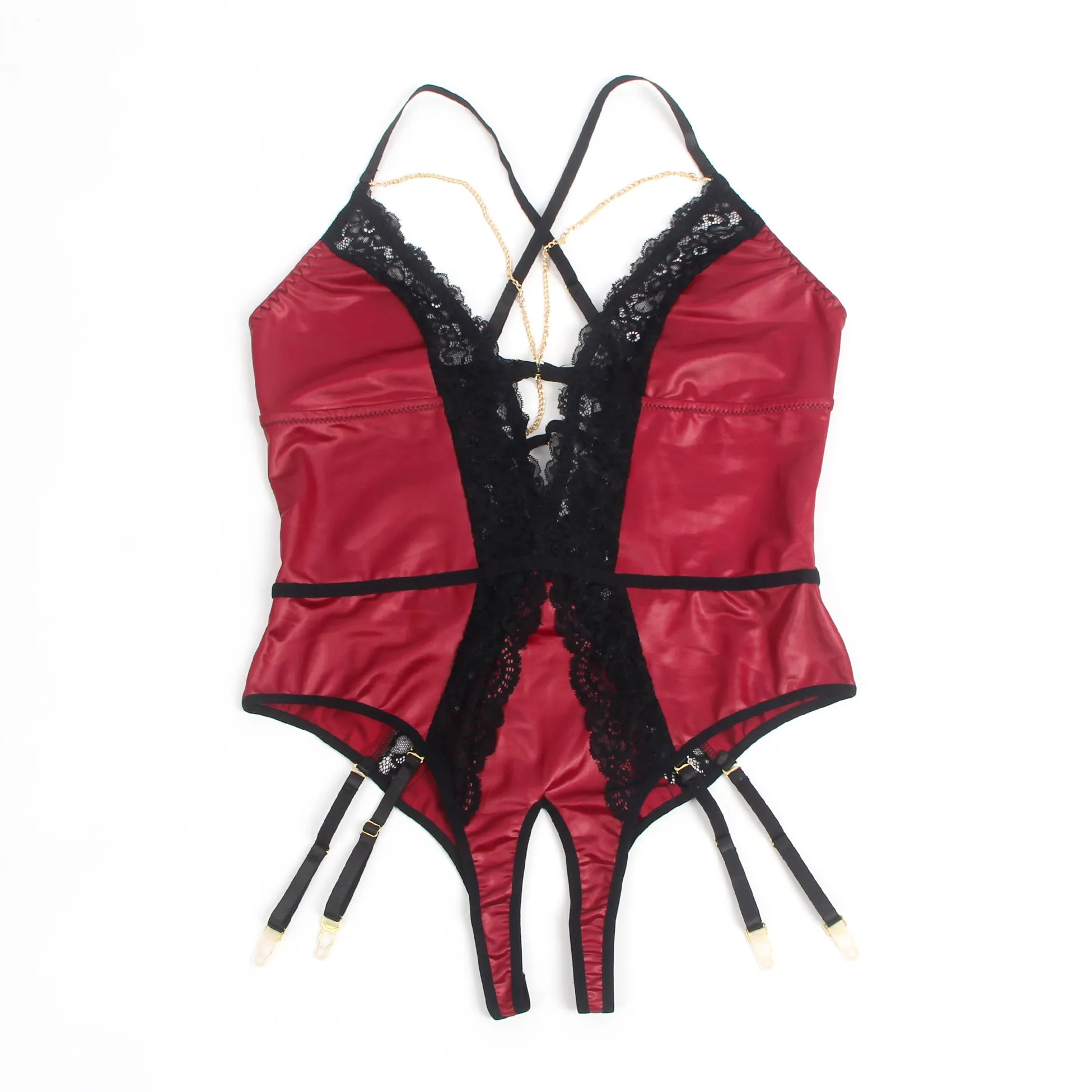 Burgundy Faux Leather Egypt Deep V Neck Halter Sexy Teddy