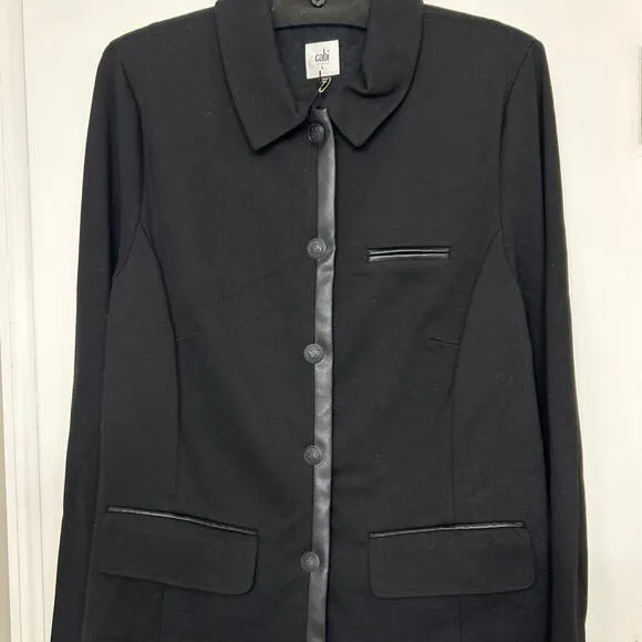 Cabi New Black Tudor Style 3376 Ponte Knit Blazer Jacket Faux Leather Trim  Lrg