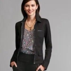 Cabi New Black Tudor Style 3376 Ponte Knit Blazer Jacket Faux Leather Trim  Lrg