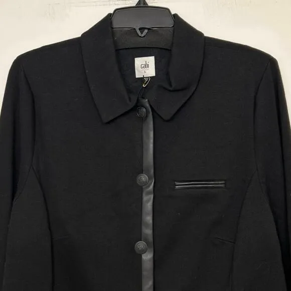 Cabi New Black Tudor Style 3376 Ponte Knit Blazer Jacket Faux Leather Trim  Lrg