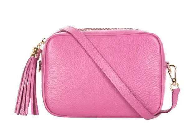 Candy Pink Leather Cross Body Tassel Bag