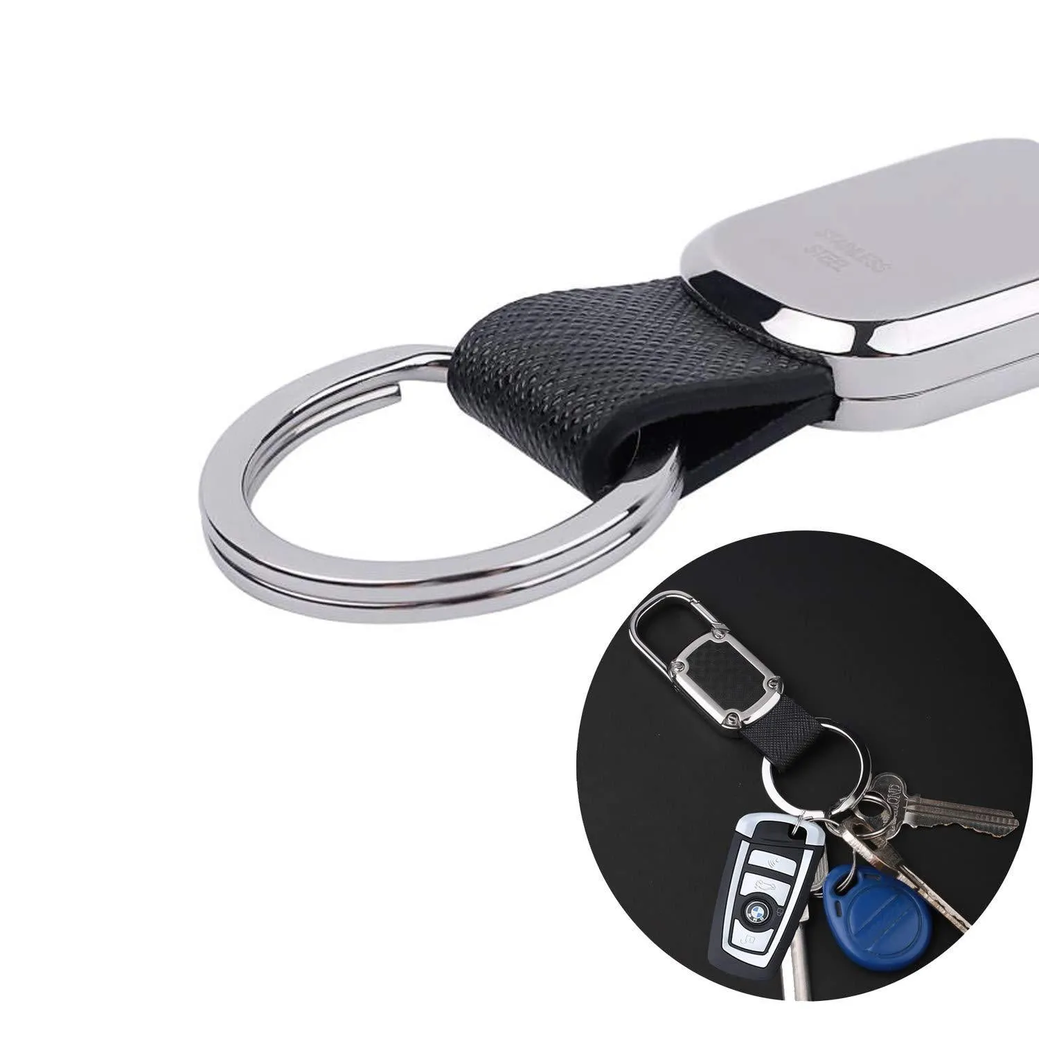 Car Key Chain Detachable Carabiner Key Chain Rings Stainless Steel Heavy Duty Leather Key Holder Organizer Home Car Keychain Clip Hook Best Gift for Business Men and Women with 4 Extra Key Rings
