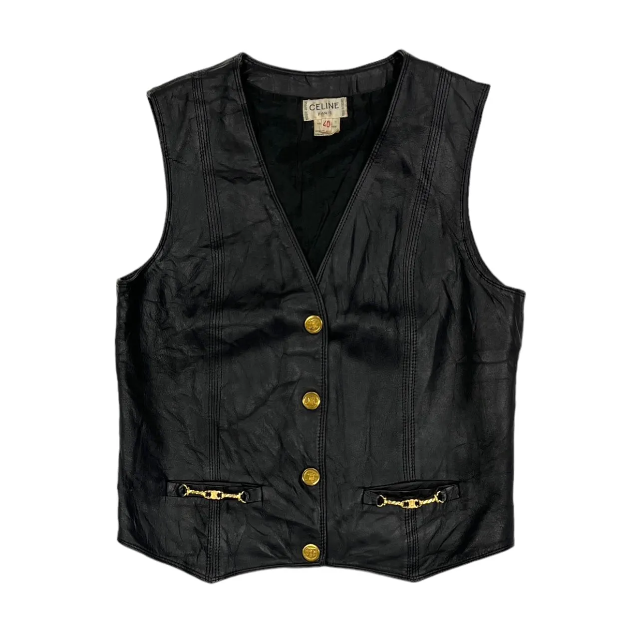 Celine Black Leather Logo Vest