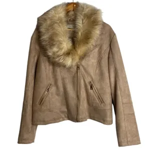 CHARLIE PAIGE Womens Faux Fur Collar Tan Suede Gold Hardware Pockets Size XL NEW
