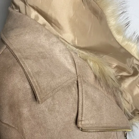 CHARLIE PAIGE Womens Faux Fur Collar Tan Suede Gold Hardware Pockets Size XL NEW
