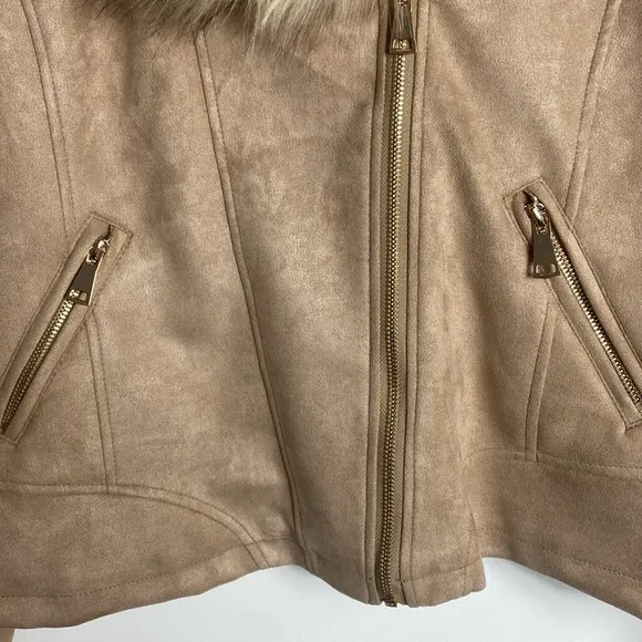 CHARLIE PAIGE Womens Faux Fur Collar Tan Suede Gold Hardware Pockets Size XL NEW