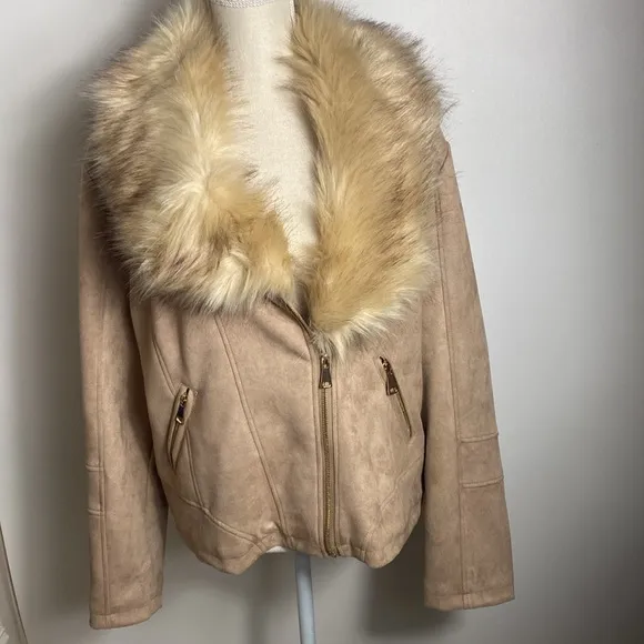 CHARLIE PAIGE Womens Faux Fur Collar Tan Suede Gold Hardware Pockets Size XL NEW
