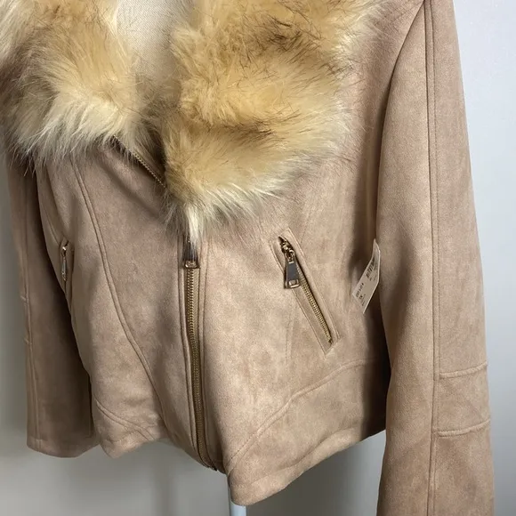 CHARLIE PAIGE Womens Faux Fur Collar Tan Suede Gold Hardware Pockets Size XL NEW