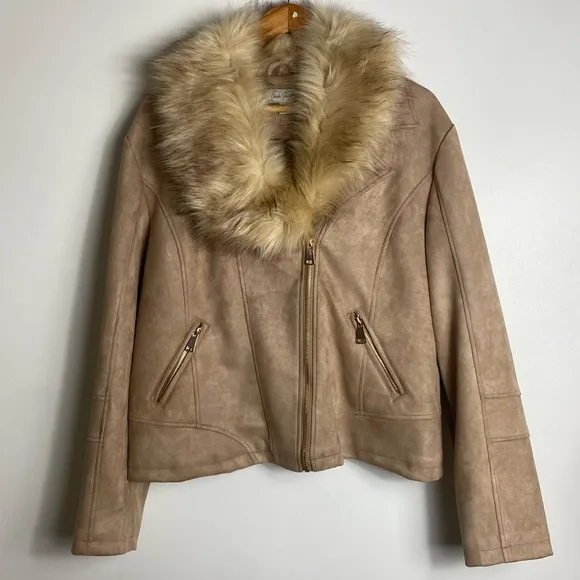 CHARLIE PAIGE Womens Faux Fur Collar Tan Suede Gold Hardware Pockets Size XL NEW
