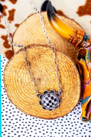 Checkered Daphne Disk Silvertone Necklace