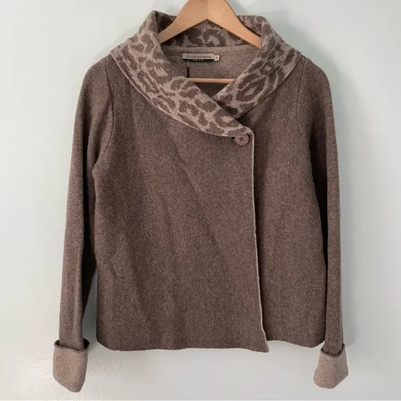 Chiaramente Wool Blend Contrast Trim Animal Print Collar Cardigan Size S