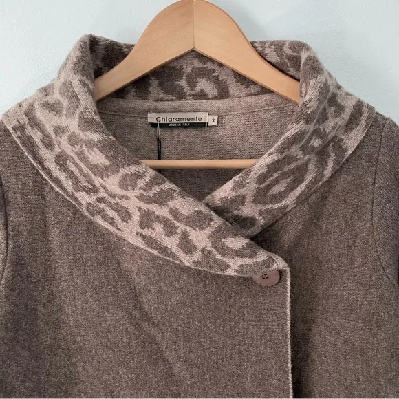 Chiaramente Wool Blend Contrast Trim Animal Print Collar Cardigan Size S