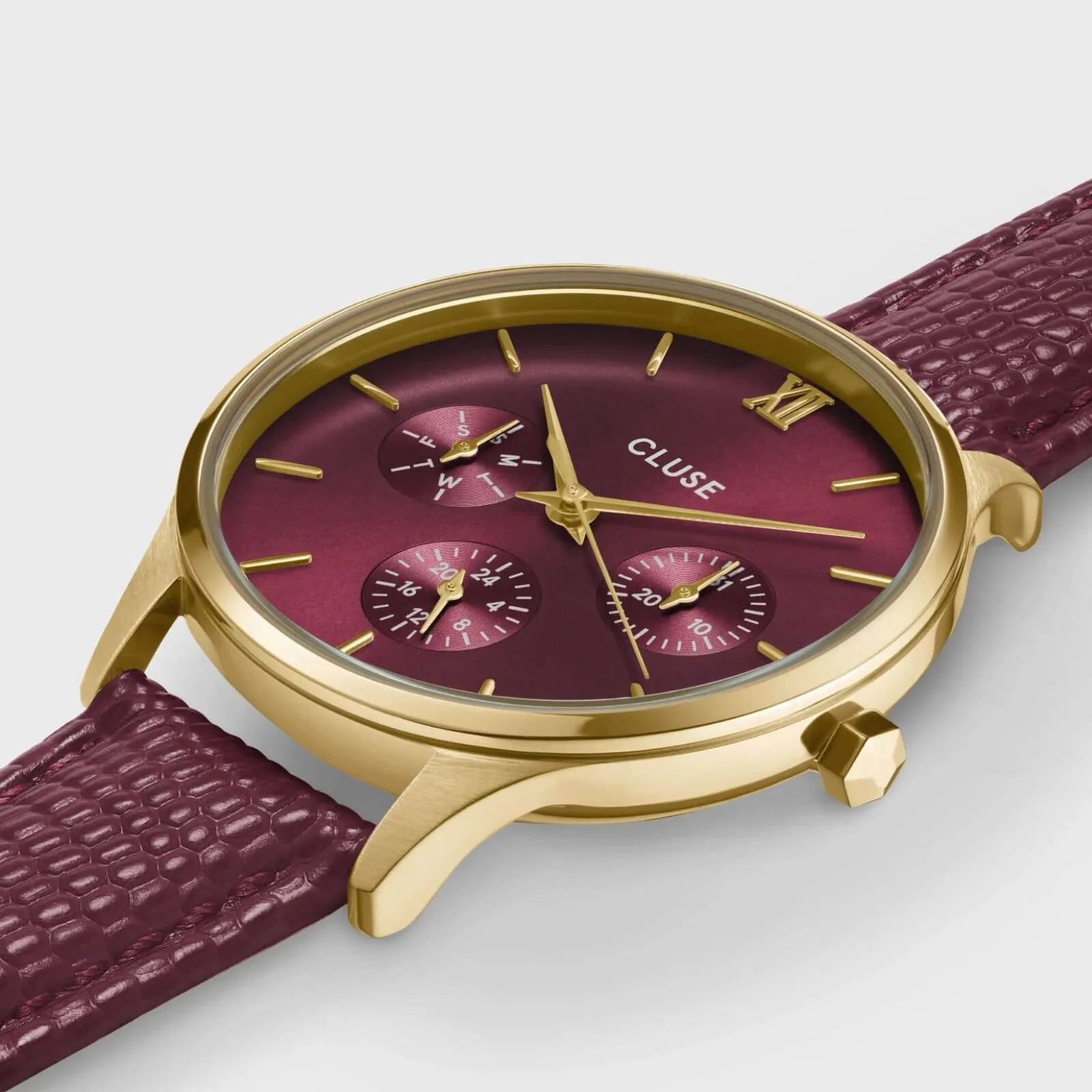 Cluse Minuit Multifunction Gold & Dark Cherry Leather Watch