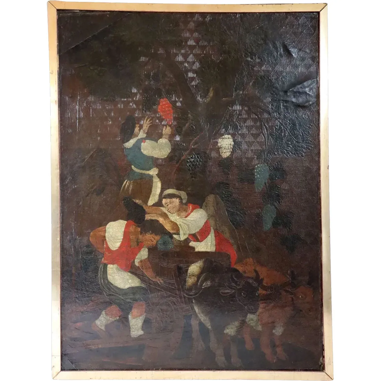 Continental Embossed Leather Oil Painting Mounted on Canvas, Grape Harvest (Les Vendanges)