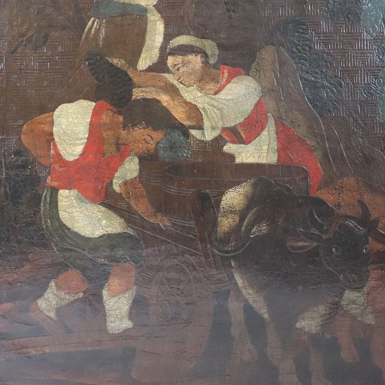 Continental Embossed Leather Oil Painting Mounted on Canvas, Grape Harvest (Les Vendanges)