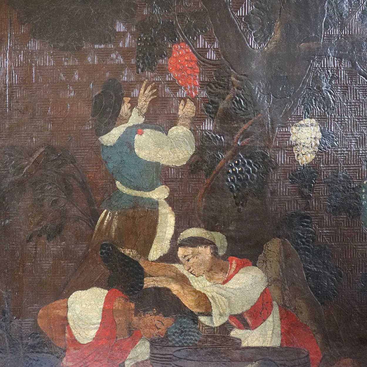 Continental Embossed Leather Oil Painting Mounted on Canvas, Grape Harvest (Les Vendanges)