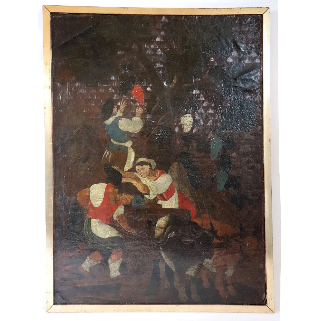 Continental Embossed Leather Oil Painting Mounted on Canvas, Grape Harvest (Les Vendanges)