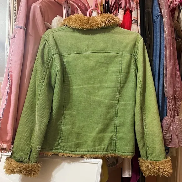 Corduroy Coat w/ Fur Trim - Green