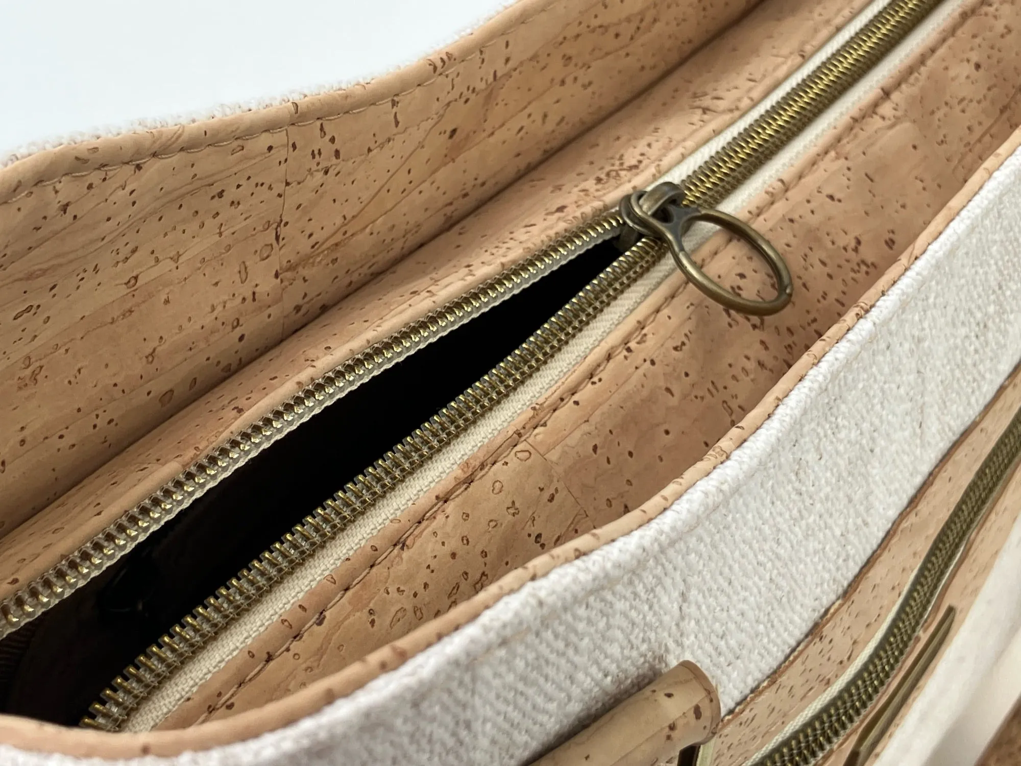 Cork and Natural Linen-Style Fabric Shoulder Bag with Zipper Closure & Exterior Pocket