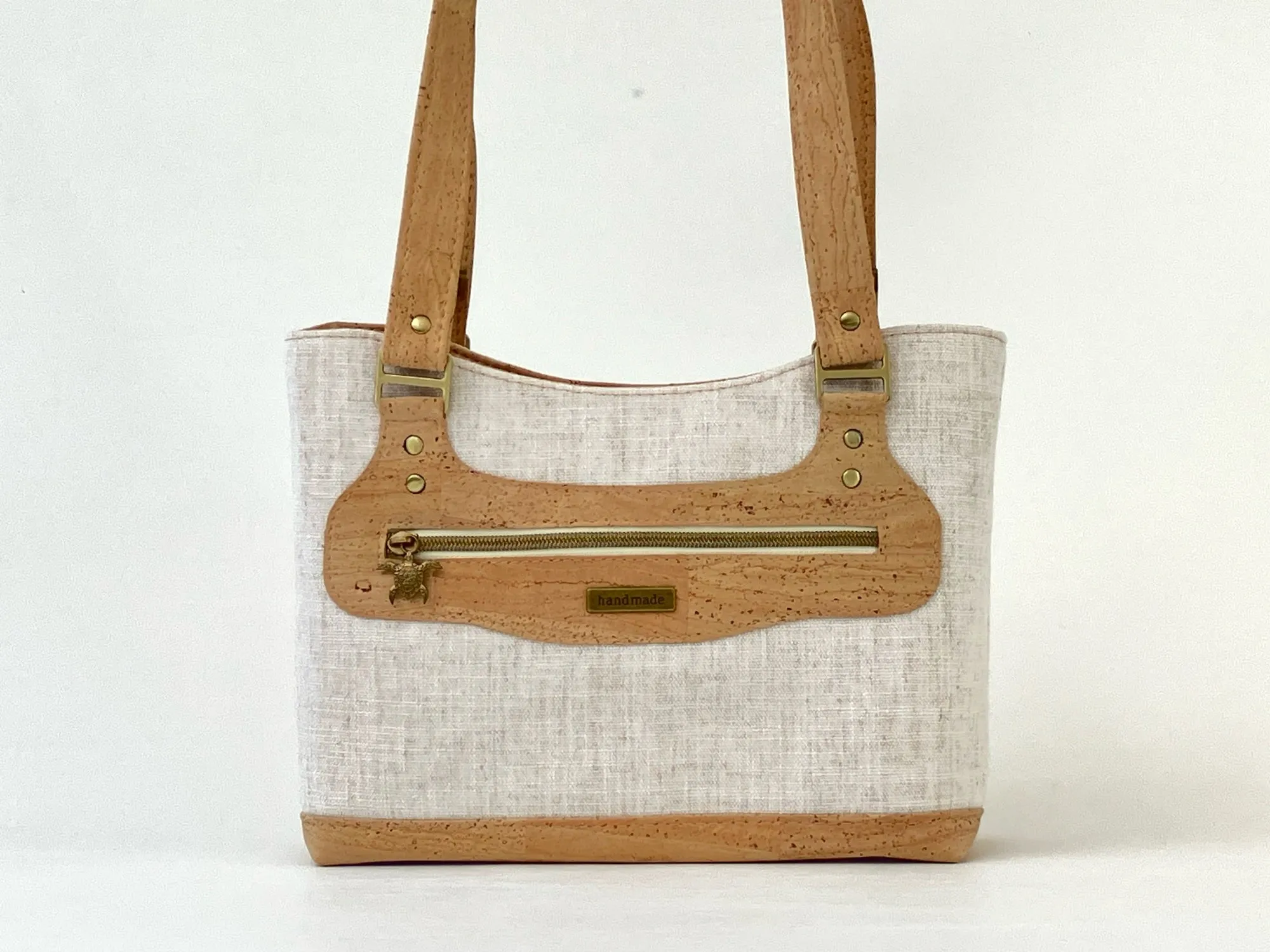 Cork and Natural Linen-Style Fabric Shoulder Bag with Zipper Closure & Exterior Pocket