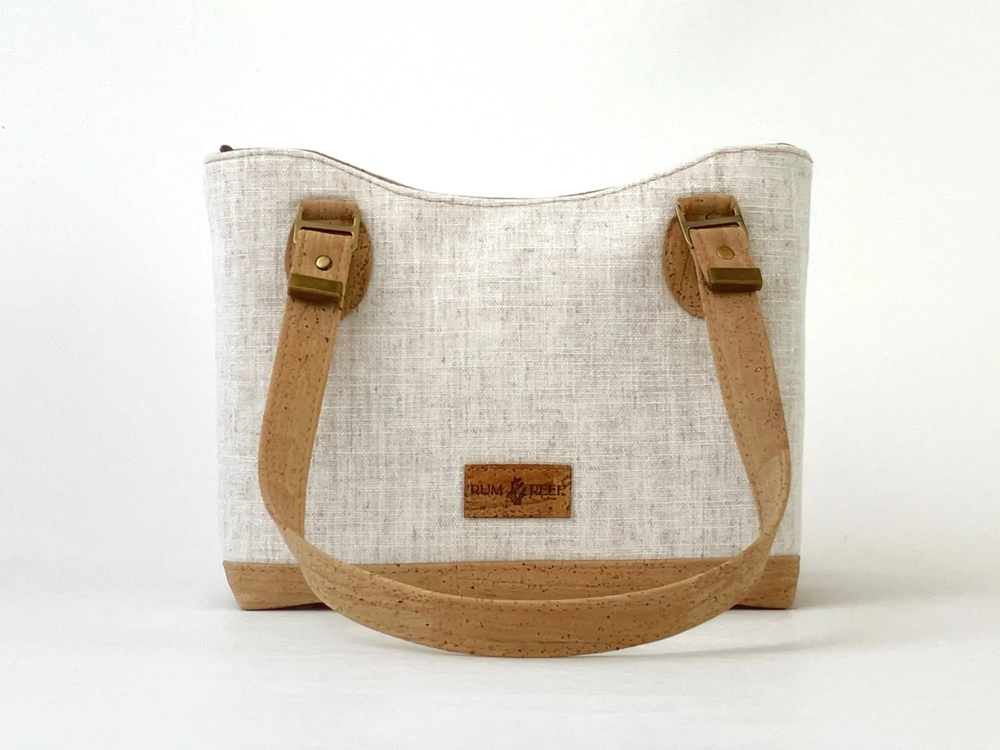 Cork and Natural Linen-Style Fabric Shoulder Bag with Zipper Closure & Exterior Pocket