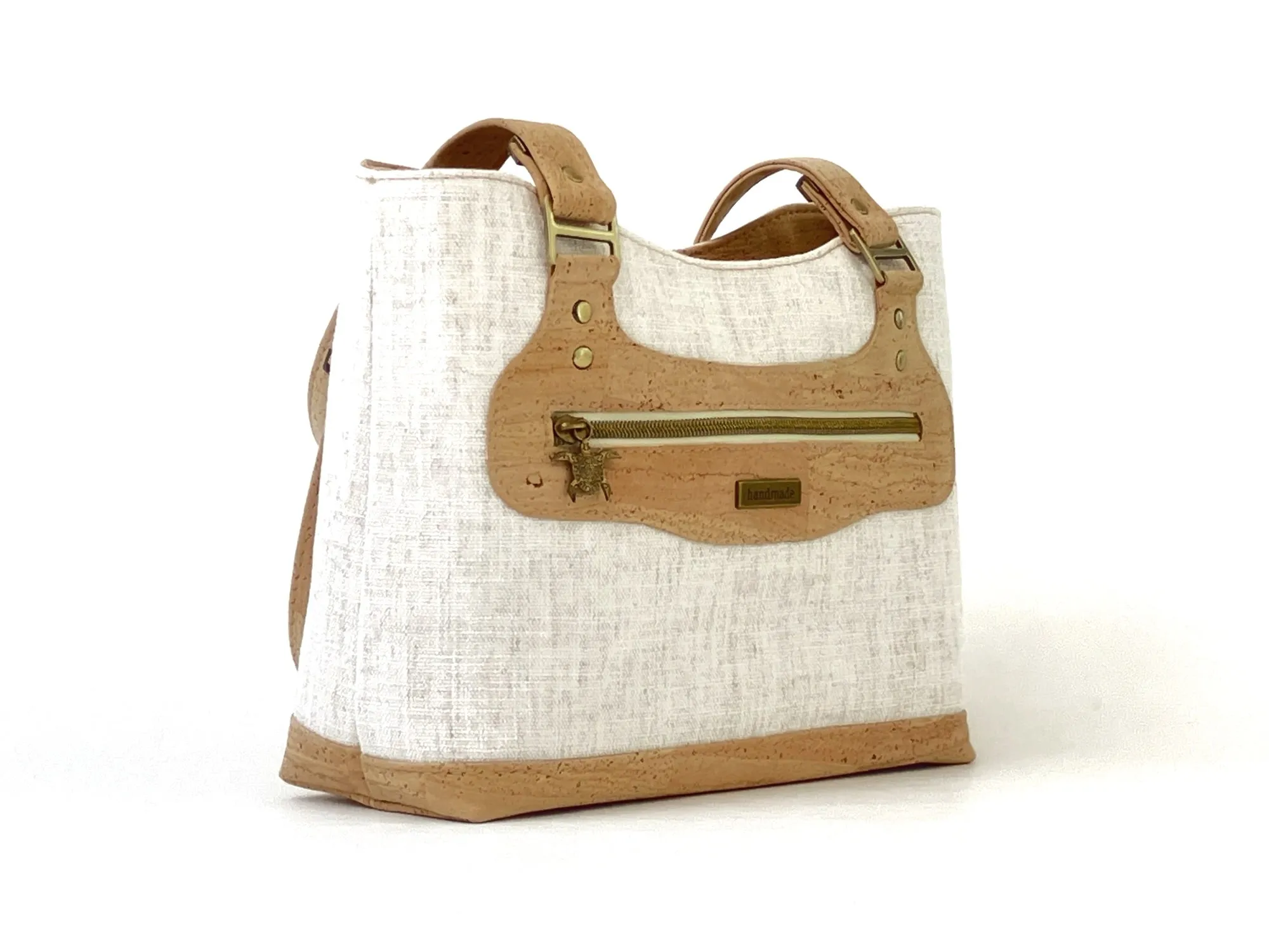 Cork and Natural Linen-Style Fabric Shoulder Bag with Zipper Closure & Exterior Pocket