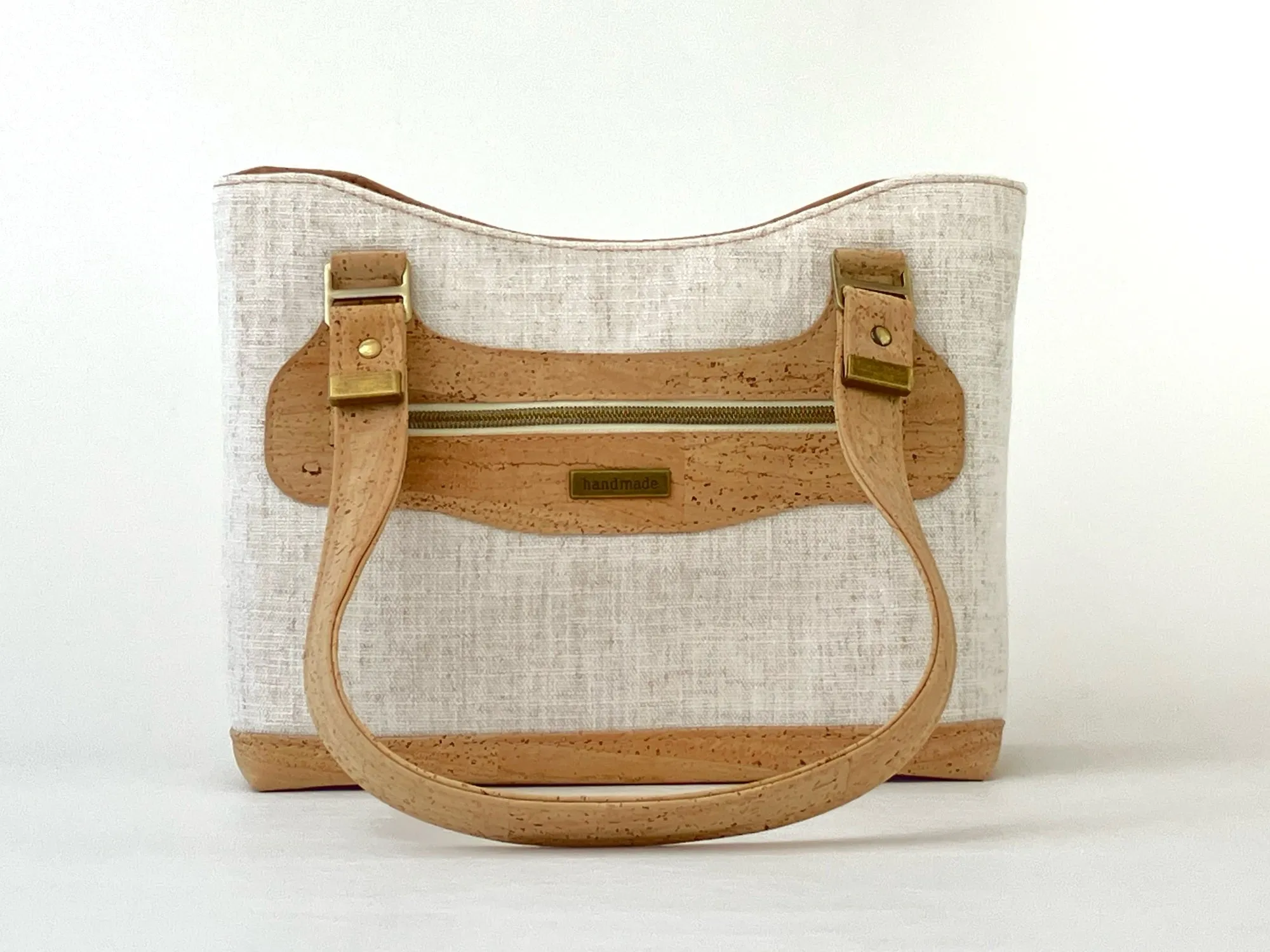 Cork and Natural Linen-Style Fabric Shoulder Bag with Zipper Closure & Exterior Pocket