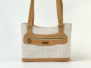 Cork and Natural Linen-Style Fabric Shoulder Bag with Zipper Closure & Exterior Pocket