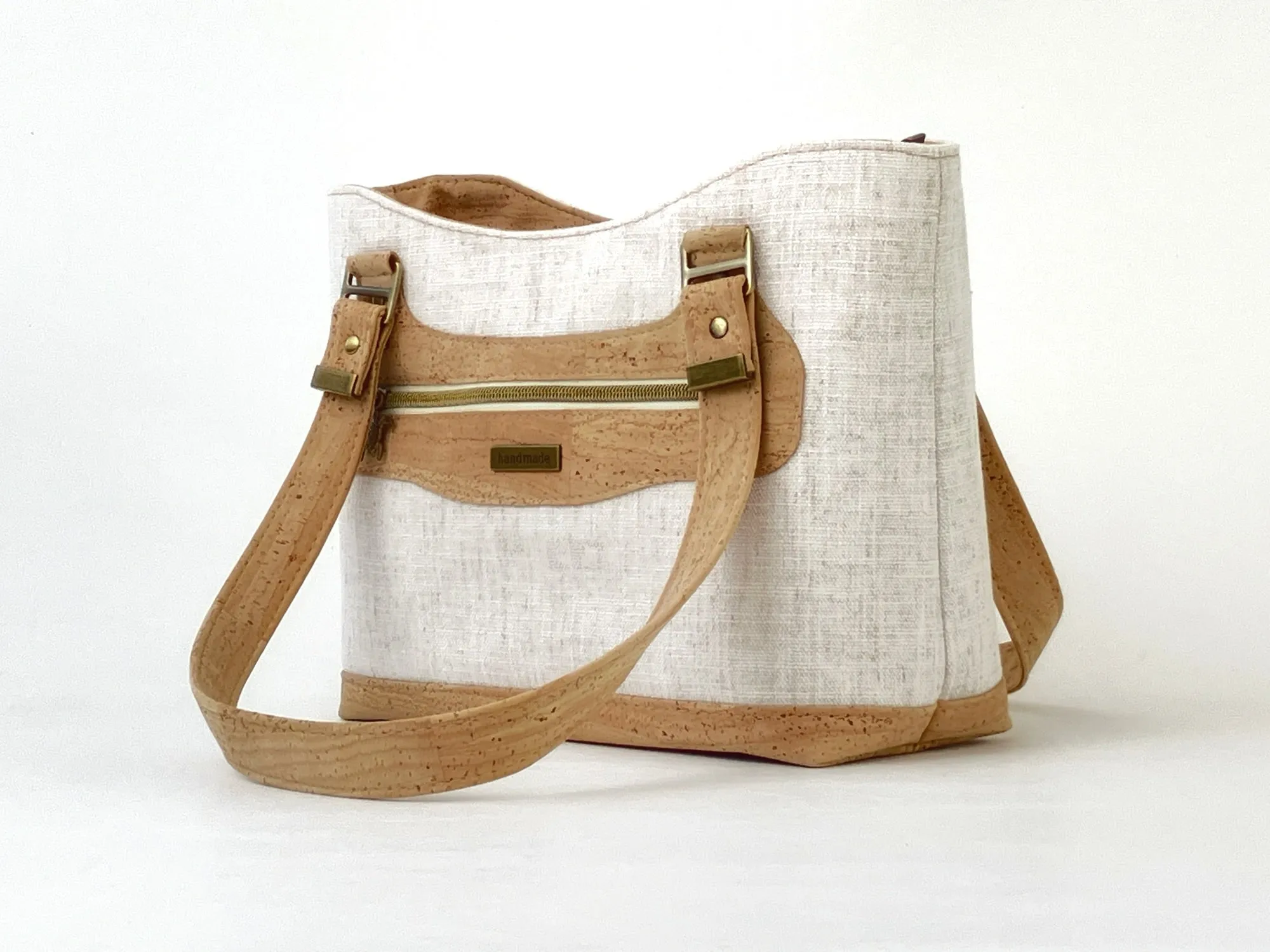 Cork and Natural Linen-Style Fabric Shoulder Bag with Zipper Closure & Exterior Pocket