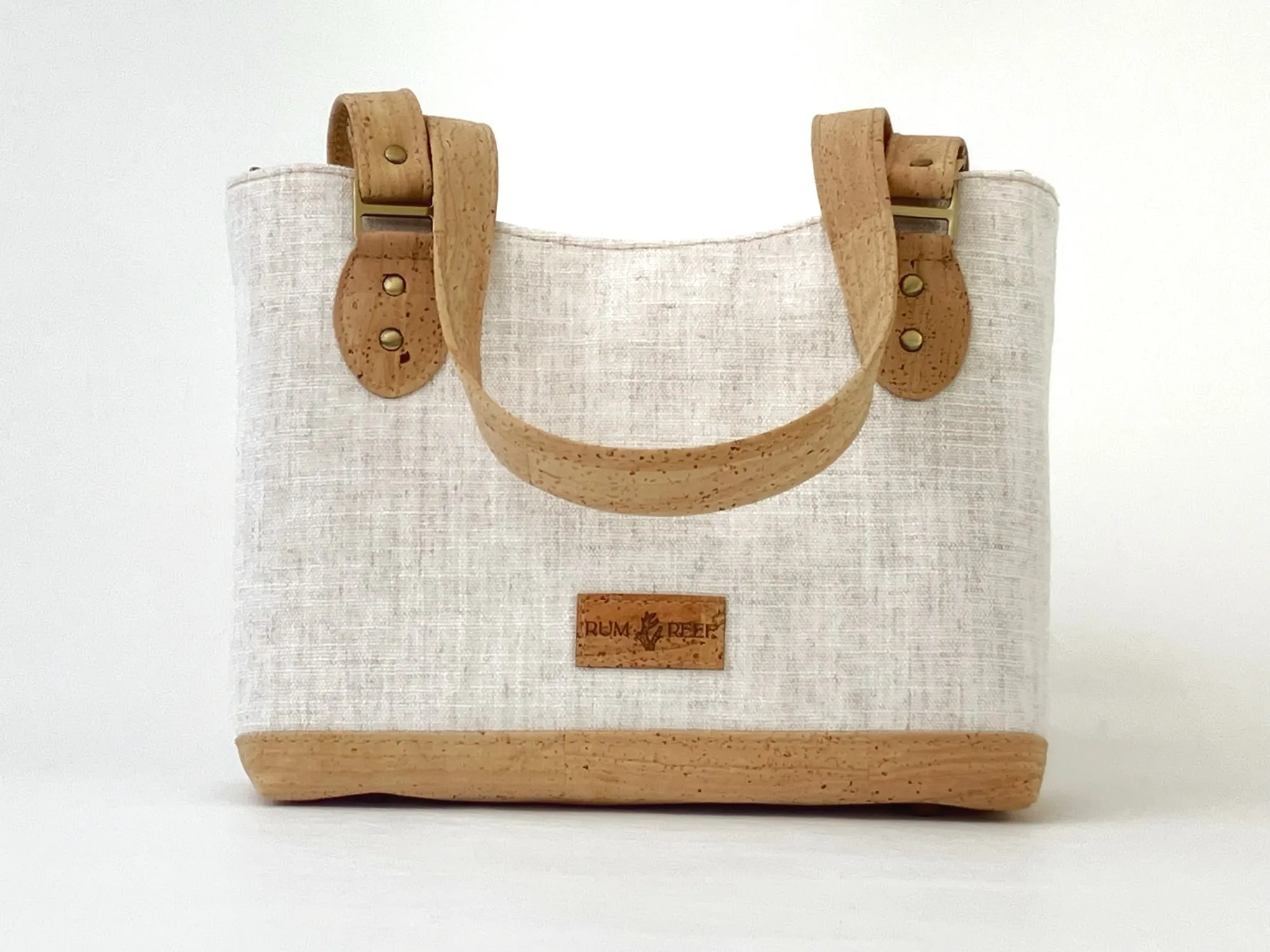 Cork and Natural Linen-Style Fabric Shoulder Bag with Zipper Closure & Exterior Pocket