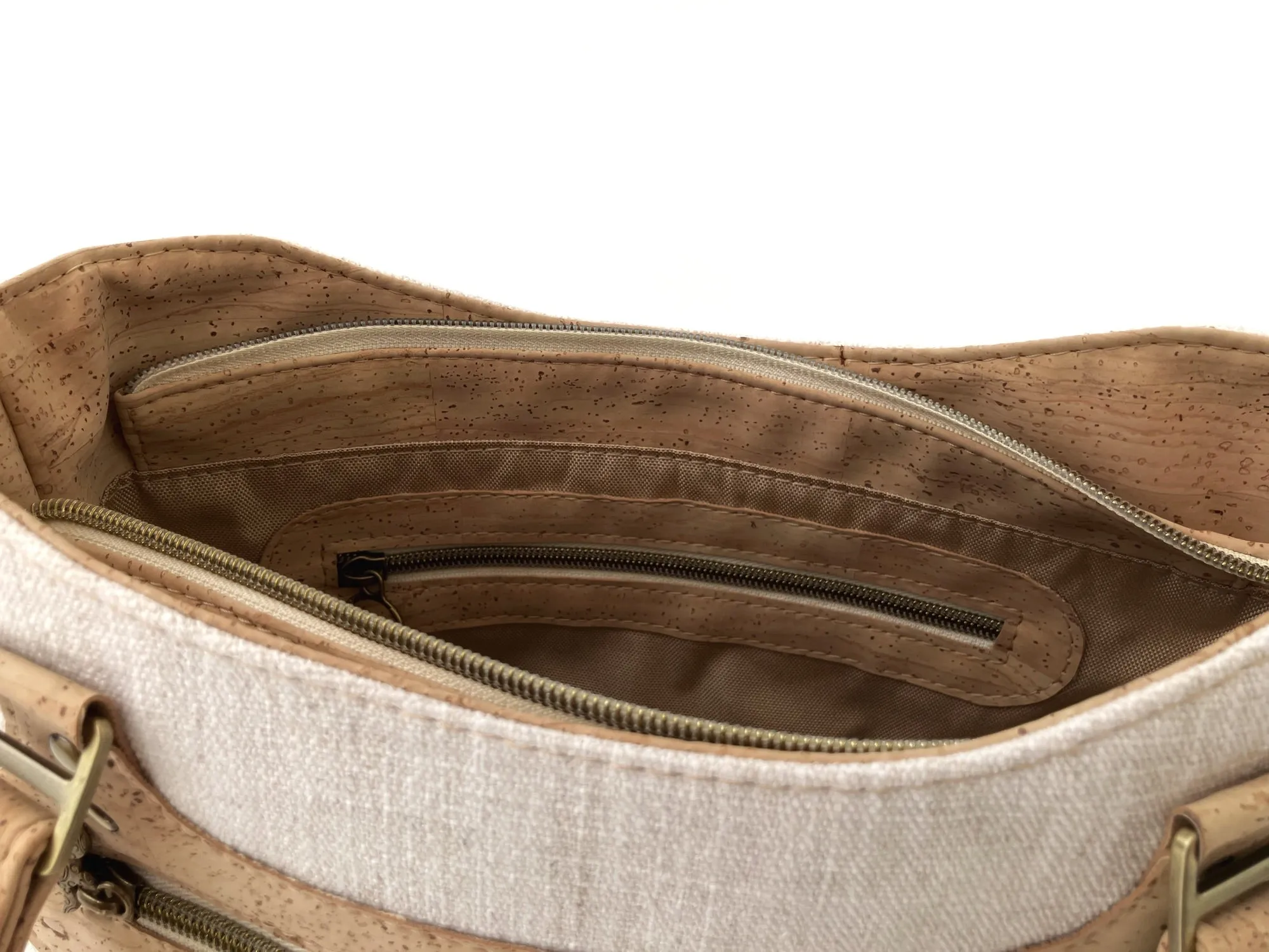 Cork and Natural Linen-Style Fabric Shoulder Bag with Zipper Closure & Exterior Pocket