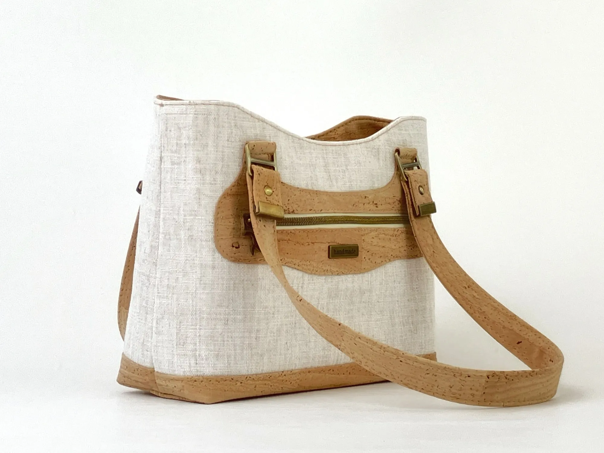 Cork and Natural Linen-Style Fabric Shoulder Bag with Zipper Closure & Exterior Pocket