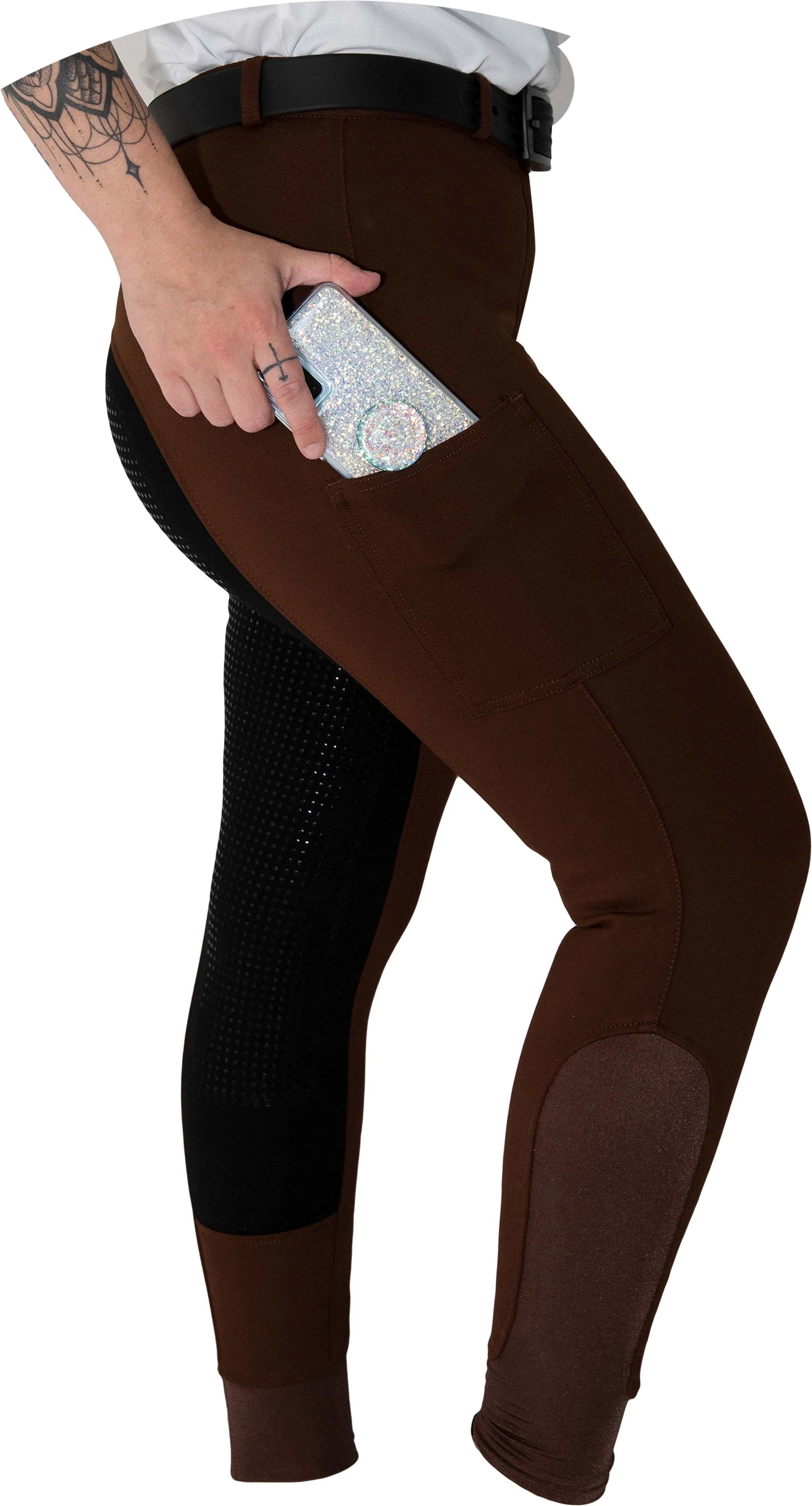 Curvy Mare | High-Waist Breech | Mocha   Black | Side Phone Pocket