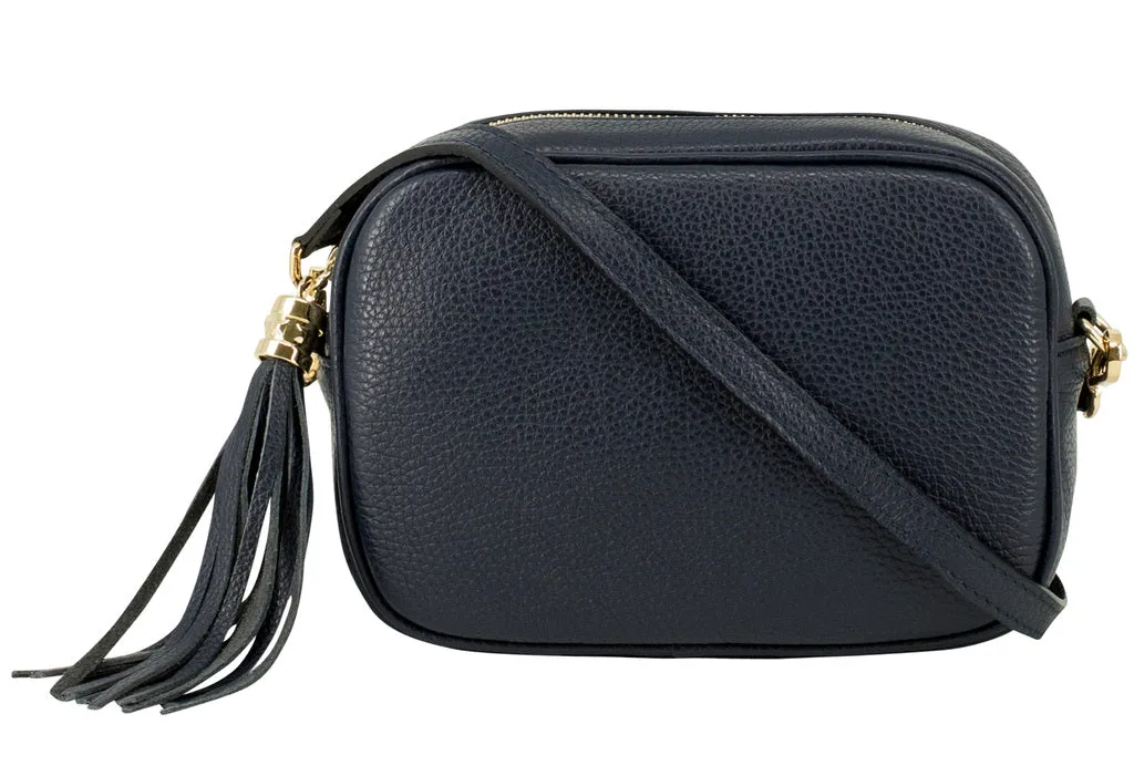 Dark Grey Leather Tassel Cross Body Bag