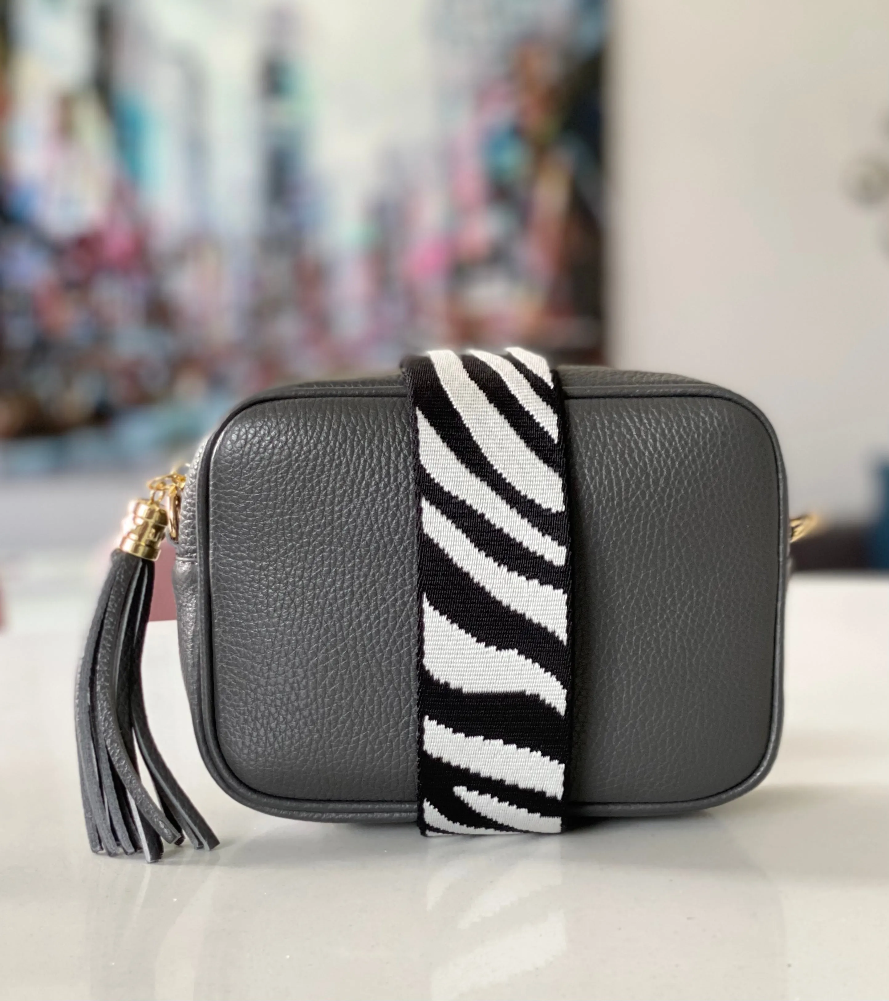 Dark Grey Leather Tassel Cross Body Bag