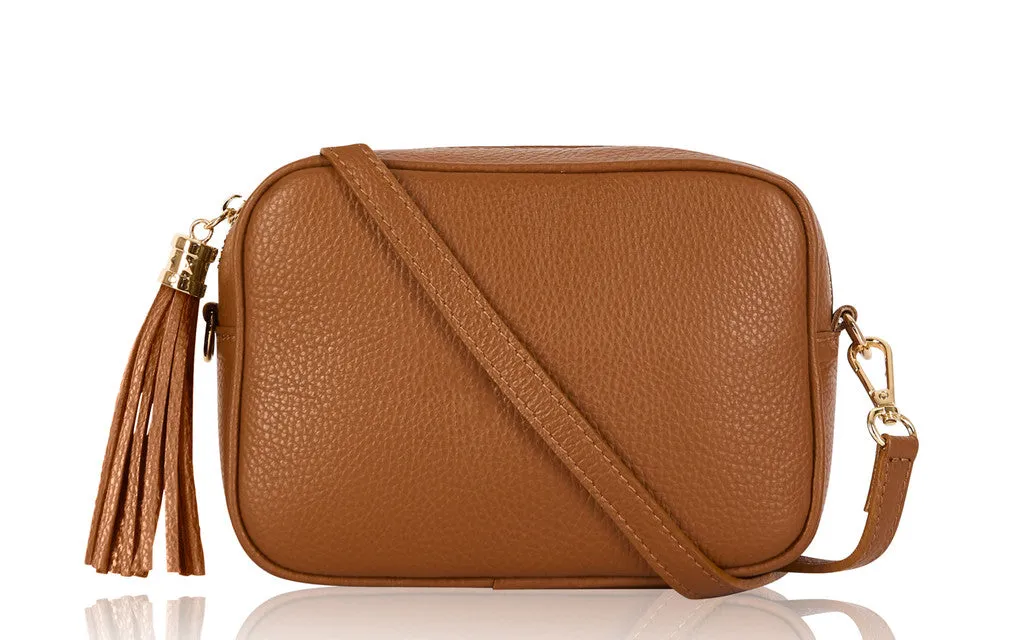Dark Tan Leather Tassel Cross Body Bag